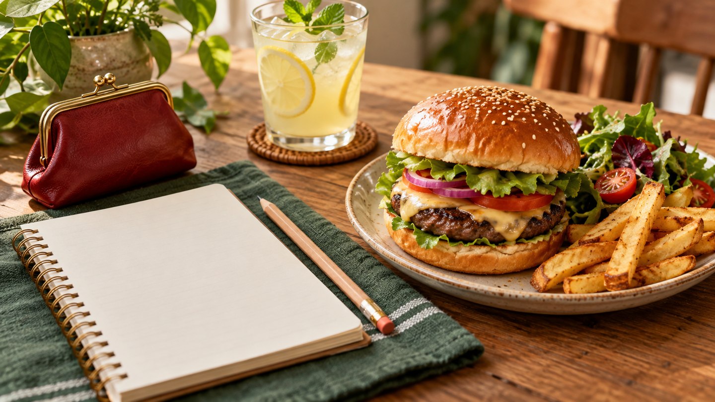 AI illustration of a blank notebook beside a meal for budget planning