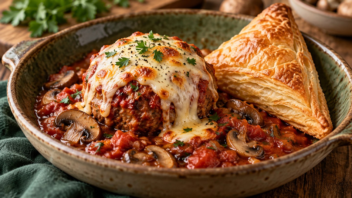 AI illustration of a large meatball with tomato sauce and mozzarella