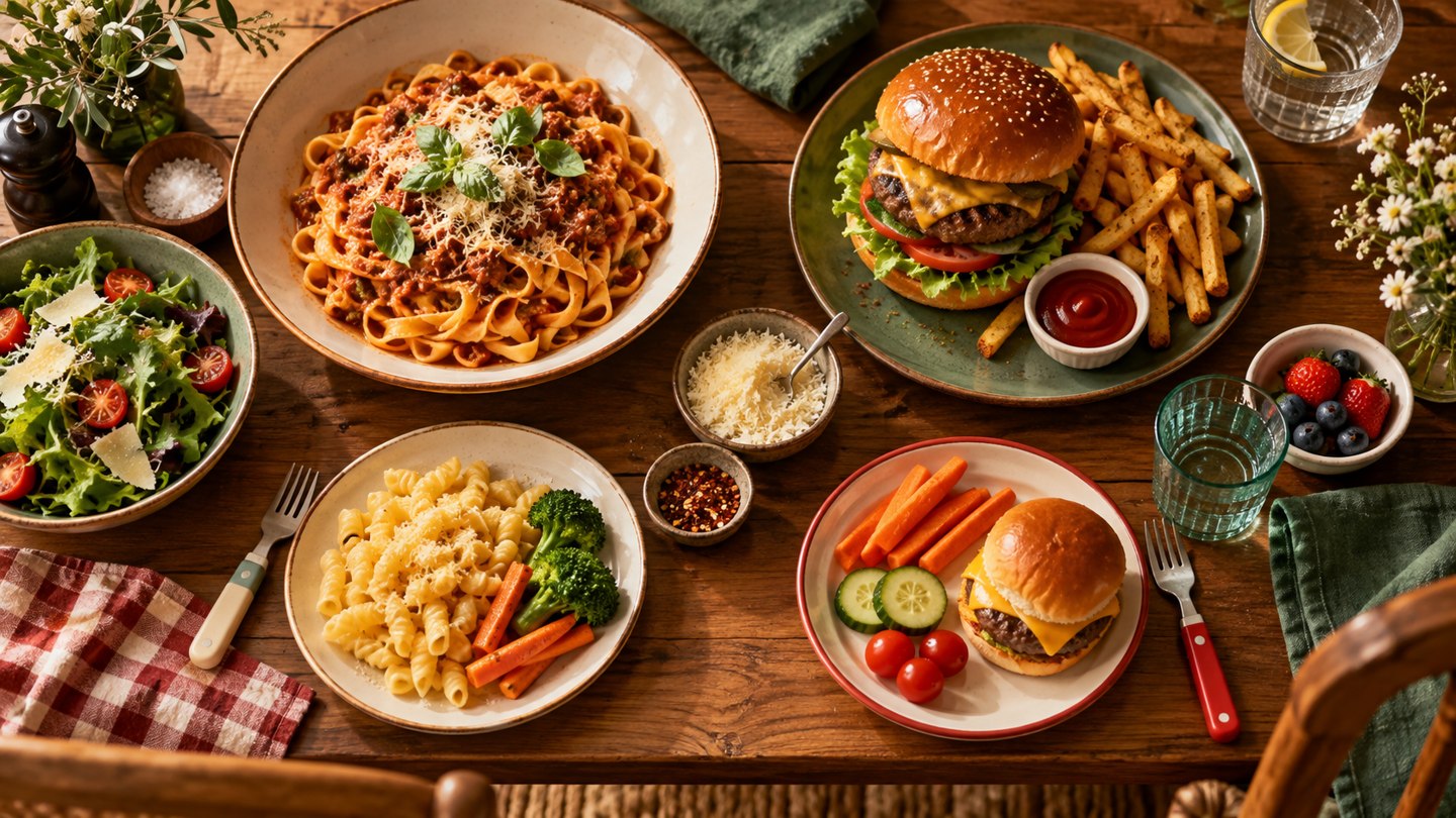 AI illustration of adult and children’s meals on a family table