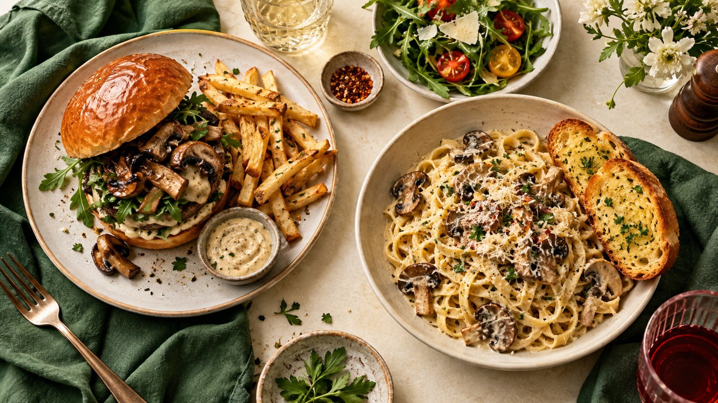 AI illustration of a burger, pasta and garlic bread spread