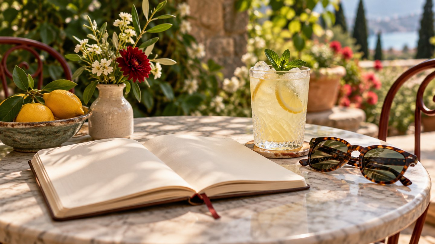 AI illustration of a blank travel notebook and sunglasses on a cafe table