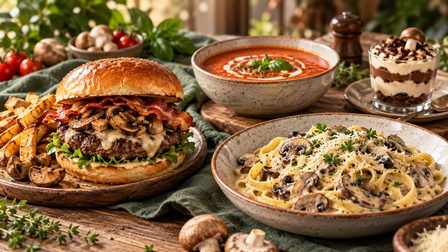 AI illustration of a mushroom burger, pasta, tomato soup and dessert on a cream table