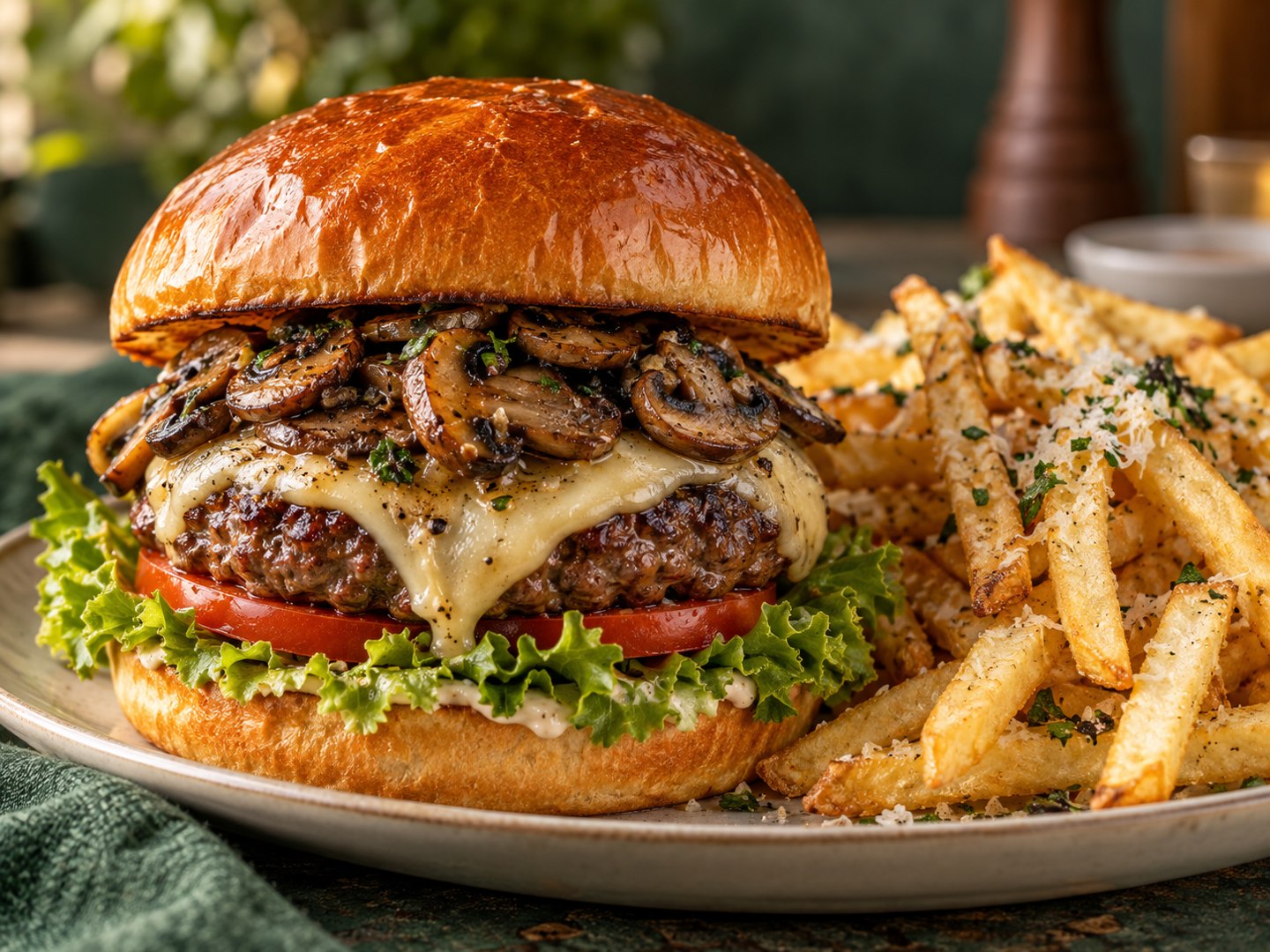 AI illustration of a mushroom bacon cheeseburger and fries