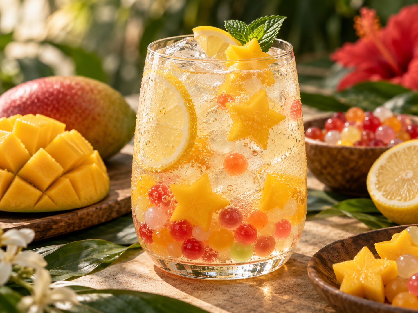 AI illustration of a lemon soda with mango stars and boba