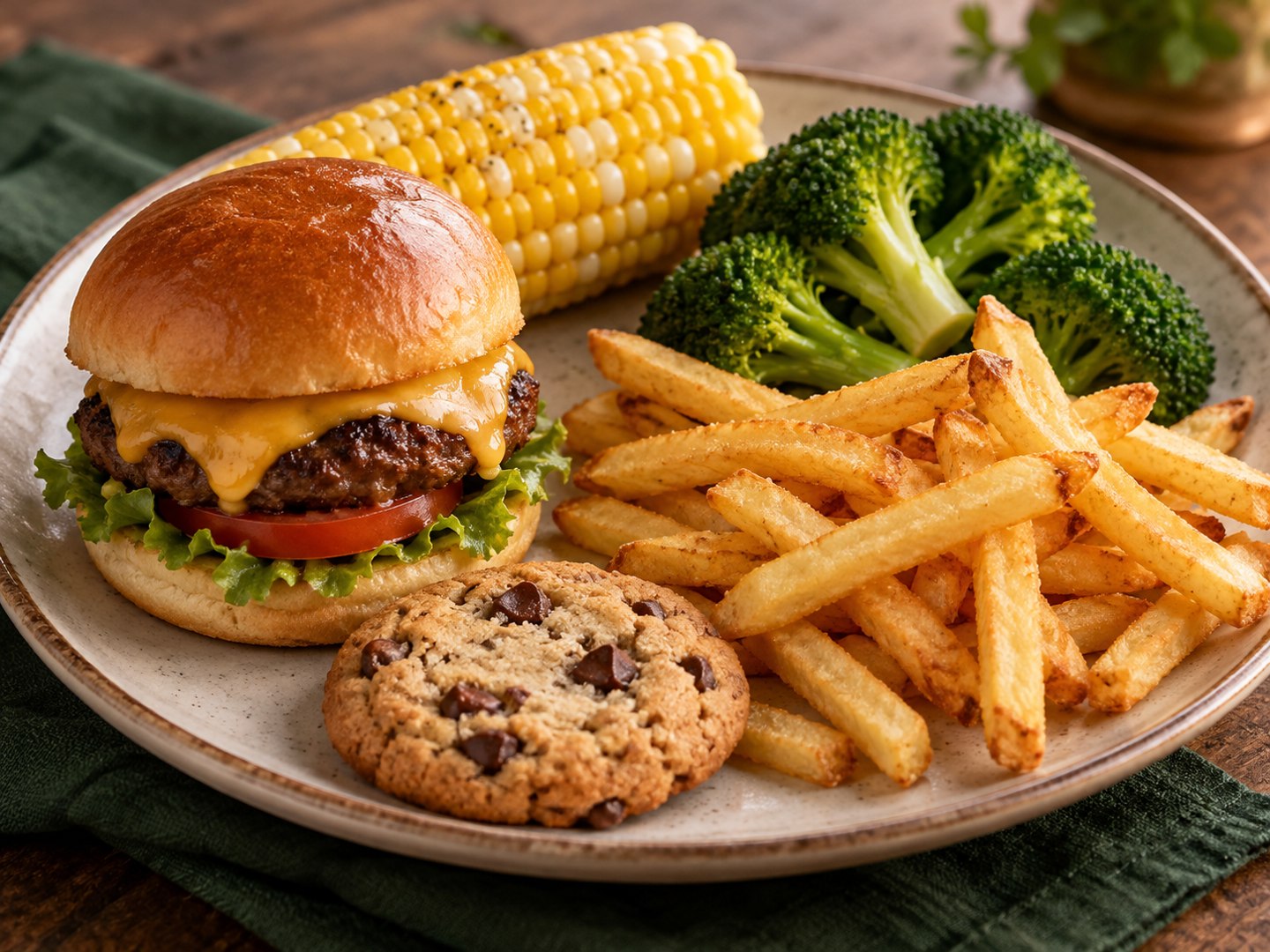 AI illustration of a small burger meal with vegetables and a cookie