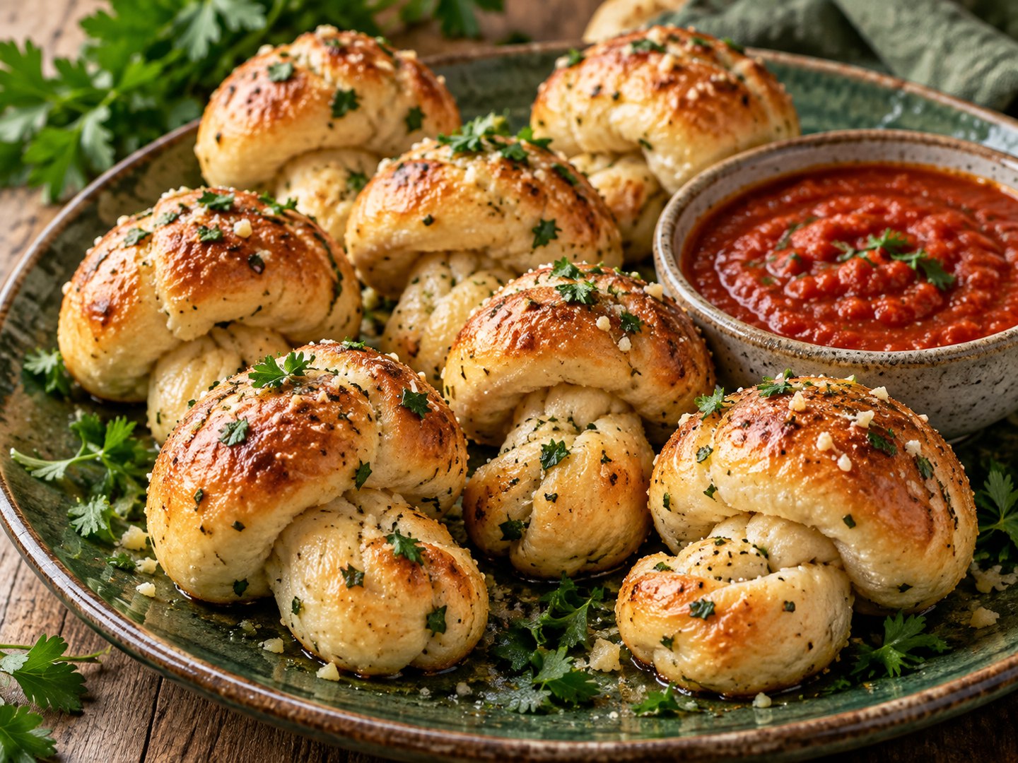 AI illustration of garlic bread knots with marinara