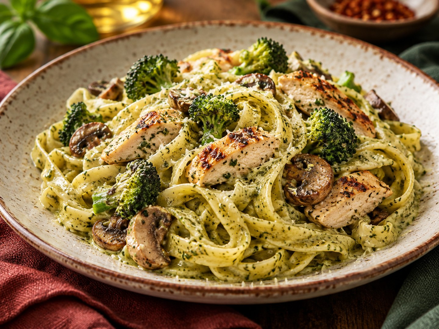 AI illustration of chicken pasta with broccoli and mushrooms