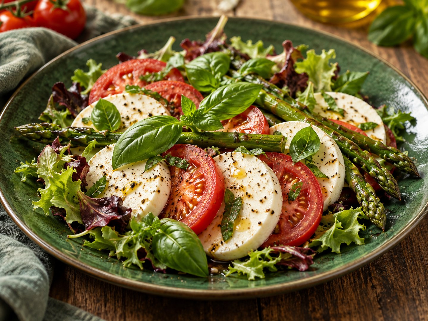 AI illustration of tomatoes, mozzarella and green vegetables