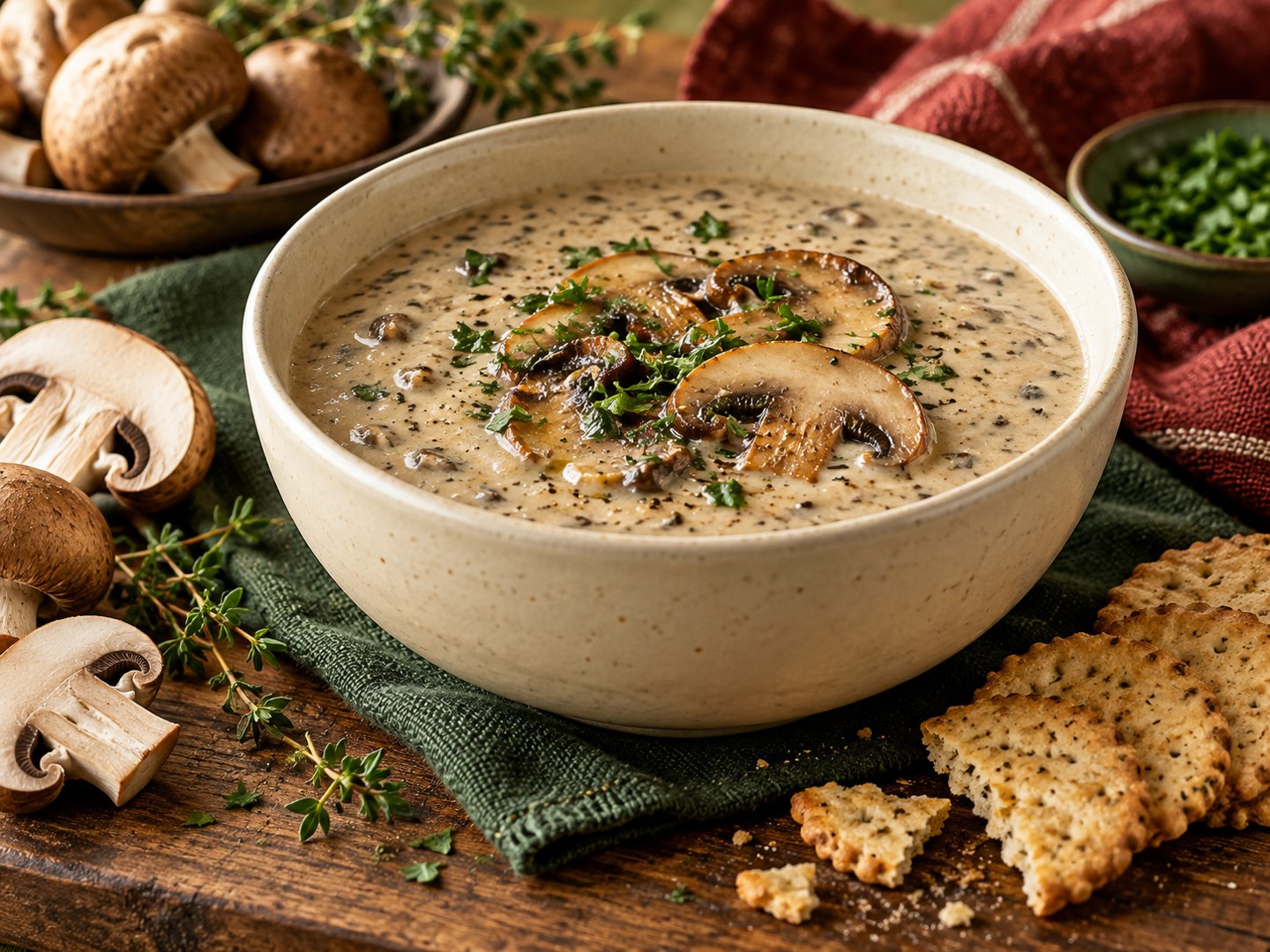 AI illustration of creamy mushroom soup in a ceramic bowl